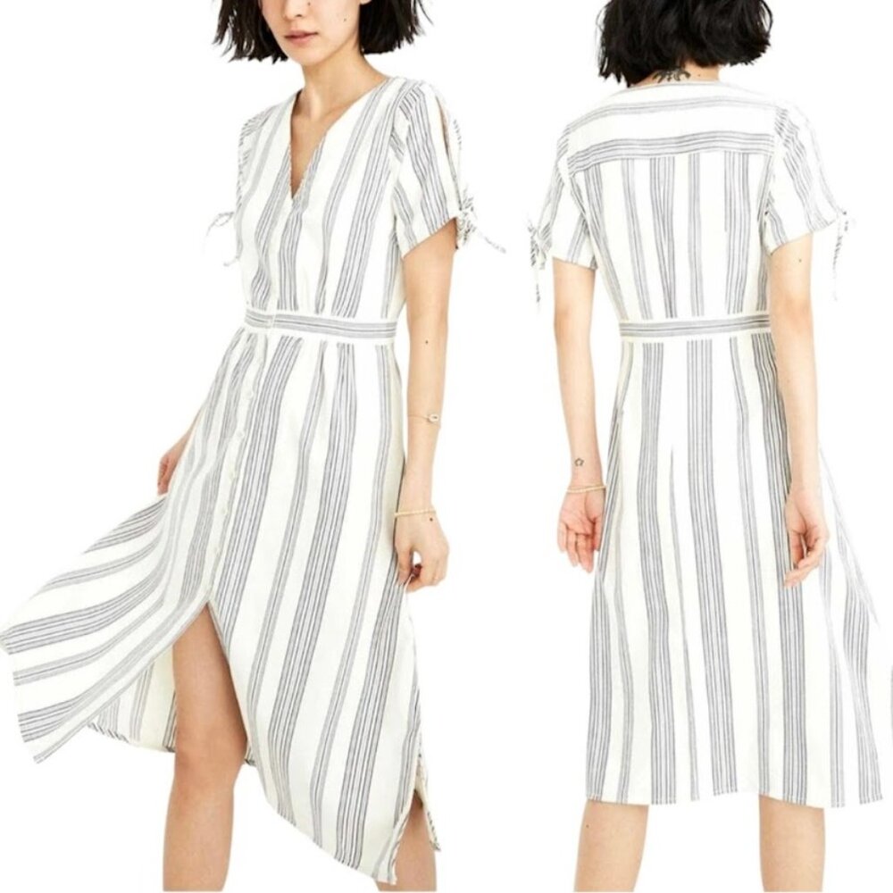 MADEWELL Nicola Midi Dress, Indigo White Blue Striped Buttons Bows Bohemian, 2